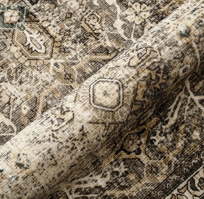 Brown Runner Rug 2'6"x10' Vintage Area Carpet Hallway Long Indoor Kitchen Washable Living Room Low Pile Traditional Distressed Retro Accent Rug Non Slip Laundry Bathroom Office Dining Room