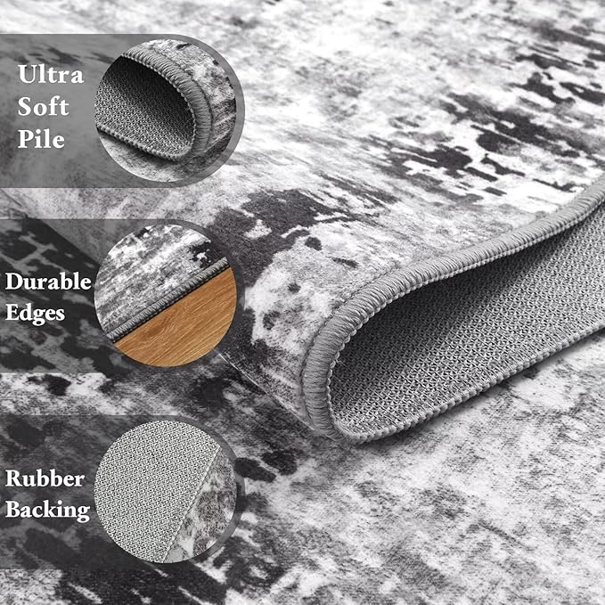 Washable Abstract Rug, 5x7 Modern Area Rugs with Non-Slip Rubber Backed for Living Room, Thin but Soft Contemporary Carpet Kitchen Bedroom Dining Room Decor, Dark Grey