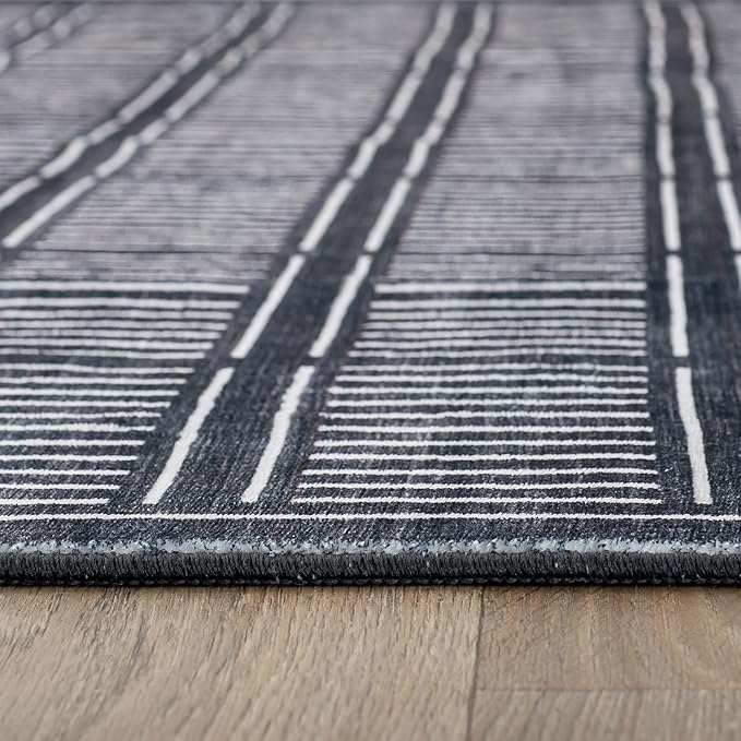 Rugshop Bohemian Stripe Lines Washable Non Slip Runner Rug 2' x 8' Black