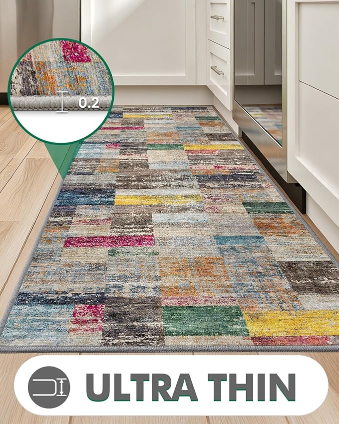 LUMI Washable Runner Rug, 3'x10' Non-Slip Hallway Mat, Low Profile Thin Long Carpeet for Laundry Kitchen Bedroom Office, Multicolor