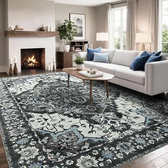 Area Rugs 6x9 for Living Room, Bedroom, Washable Vintage Rugs -Low Pile Distressed Rugs for Kitchen, Dining Room, Water Repellent & Non Shedding, Black and Blue