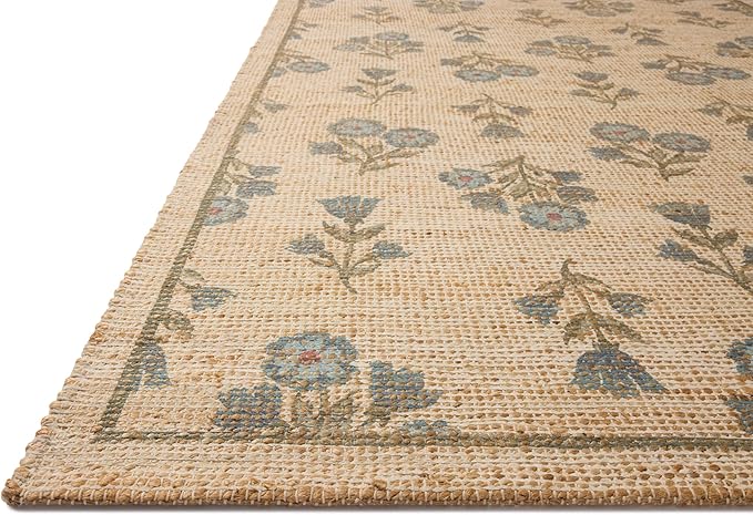 Loloi Chris Loves Julia Rue Collection RUE-04 Moss/Blue 7'-6" x 9'-6" Area Rug Jute Neutral Floral Living Room Bedroom Rug