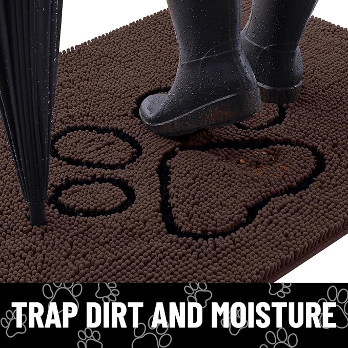 Smiry Dog Door Mat for Muddy Paws, Absorbent Dirt Trapper Non Slip Quick Dry Washable Chenille Mat for Mud Dogs, Entry Rug for Indoor and Outdoor (36x24 Inches, Brown and Black)