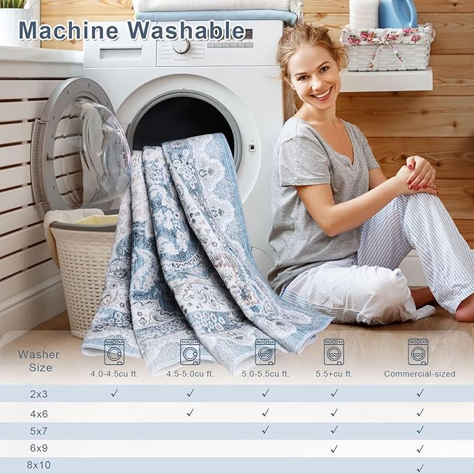 2x3 Small Area Rug for Entryway, Soft Washable Rugs with Non-Slip Backing for Bedroom Kitchen, Vintage Throw Carpet Laundry Entry Door Decor, Blue & Beige