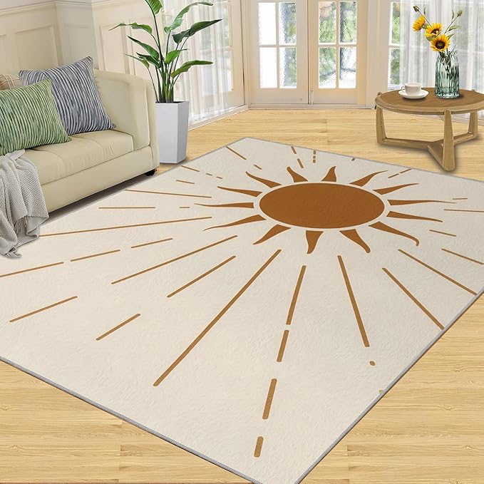 Boho Sun Area Rugs 4x6ft, Radiant Sunburst Carpet for Bedroom, Geometric Solar Rug for Living Room Easy to Clean for Indoor Outdoor Hardwood Floors Home Decor