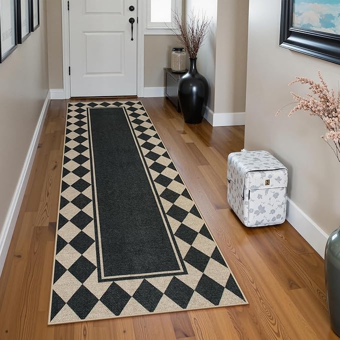 Moynesa Easy Jute Hallways Runner Rugs Washable 2x6 Entryway Rug Runners for Kitchen Black Checkered Indoor Outdoor Carpet for Entryway Patio, Diamond Grid Mat for Bathroom Bedroom Laundry
