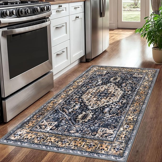 KOZYFLY Boho Area Rug 3x5 Ft Rugs for Entryway Washable Entry Rug Non Slip Door Mat Indoor Entrance Gold Navy Printed Faux Wool Vintage Kitchen Rug Throw Rugs for Entrance Kitchen Living Room