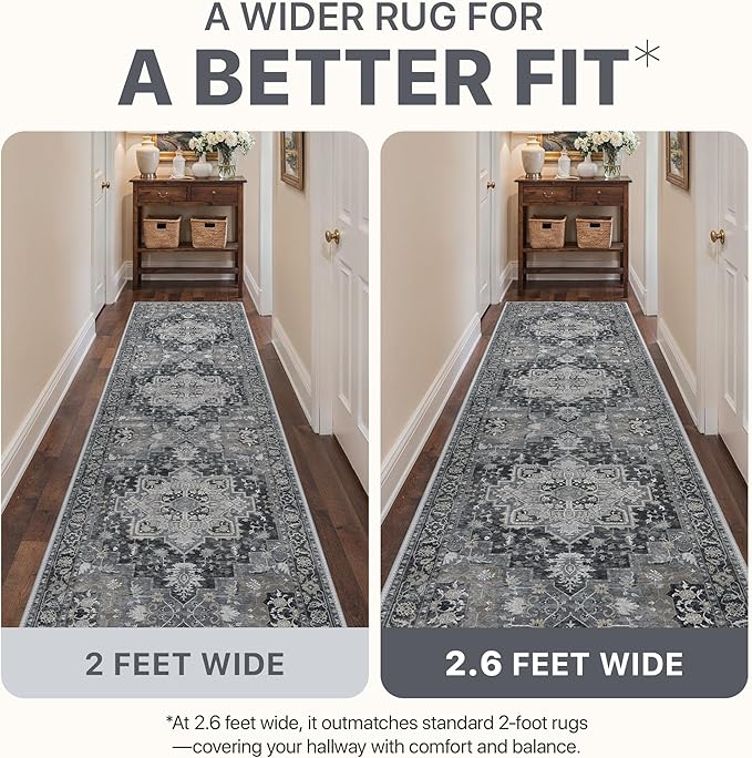 Runner Rug 2'6''x8, Machine Washable Runners, Non Slip Vintage Hallway Runner Rugs, Low Pile Lightweight Mat for Entryway, Hallway, Kitchen and Corridor, Dark Gray