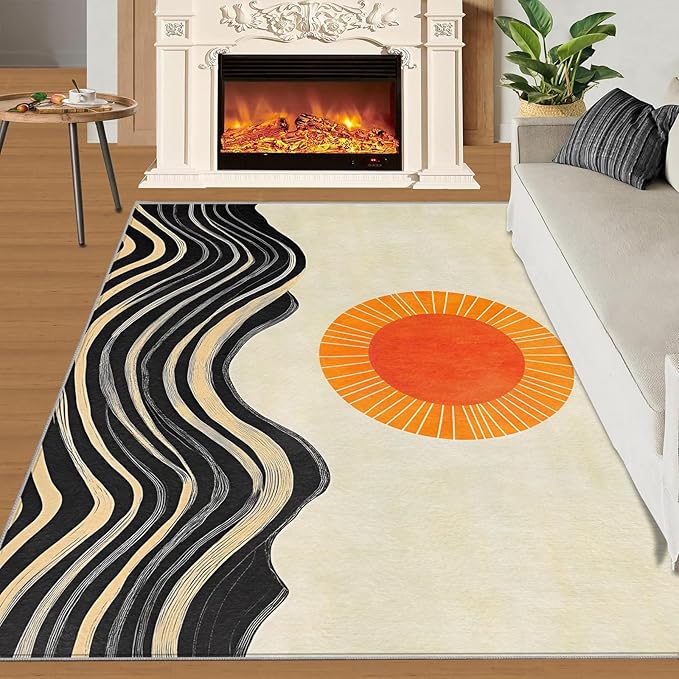 Boho Sun Area Rugs 5x6ft, Watercolor Mountain Rugs for Kids Bedroom, Abstraction Deco Office Rug Low Pile are Not Stumbling Foot for Living Room End Table Nursery