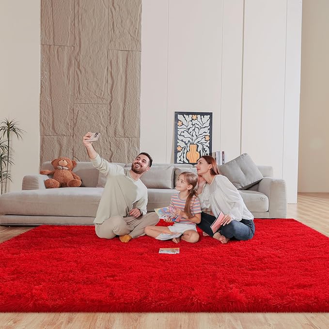 Red 8x10 Area Rugs for Living Room Bedroom, Fluffy Large Rug Soft Shag Non-Slip Carpet for Kids Boys and Girls Room Dorm Home Decor (8ft x 10ft)