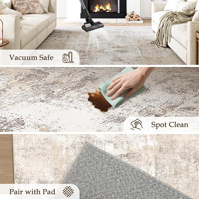 9x12 Area Rug Beige Grey Abstract Living Room Bedroom Carpet Neutral Modern Non Slip Soft Medium Pile Indoor Large Throw Rug for Dining Room Office