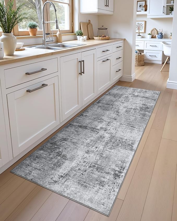 DEXI Hallway Runner Rug 3x10, Modern Abstract Non Slip Thin Soft Runners Carpet, Stain Resistant Washable Indoor Rug for Hallway Entryway Kitchen Laundry Room Living Room, Light Grey