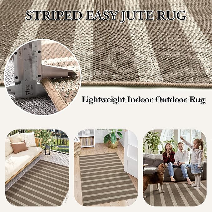 Lahome Striped Easy Jute Rug, 3x5 Outdoor Patio Porch Rug Washable Rugs for Entryway, Indoor Outdoor Living Room Carpets, Farmhouse Neutral Non Slip Carpet for Backyard Bedroom RV, Khaki