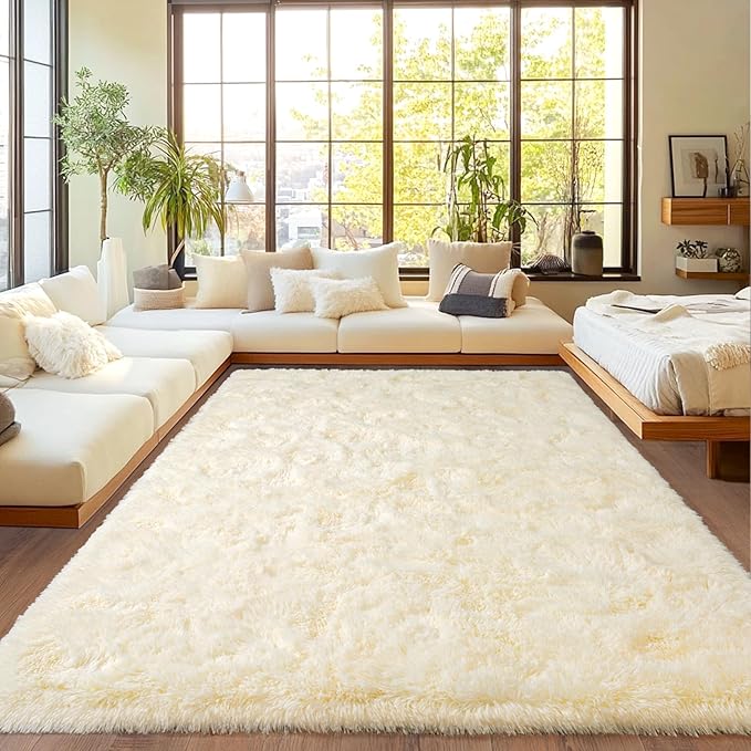 Upgrade Non-Slip Plush Rugs Fluffy Area Rugs for Living Room, Soft Shaggy Carpets for Living Room, Perfect Decor for Modern Home Light Champagne 6x9 Feet
