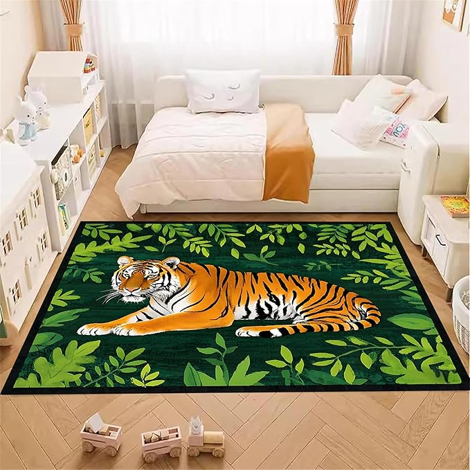 Tiger Rugs，3x4ft,Tiger and Green Leaf Print Rug for Living Room，A Colorful and Artistic Tiger Rug, Perfect for A Children's Play Area，Machine Washable Non-Slip Carpet Suitable for Bedroom and Study