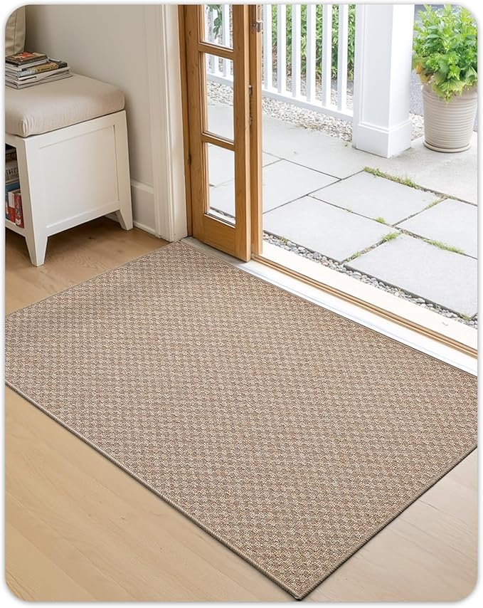 Color&Geometry Thin Front Door Mat Indoor Entrance Non Slip Rubber Backed, 17.5"x30" Indoor Door Mats for Entryway, Dirt Trapper Doormat Washable Front Door Rugs, Khaki (Rolled-up NO Creases)