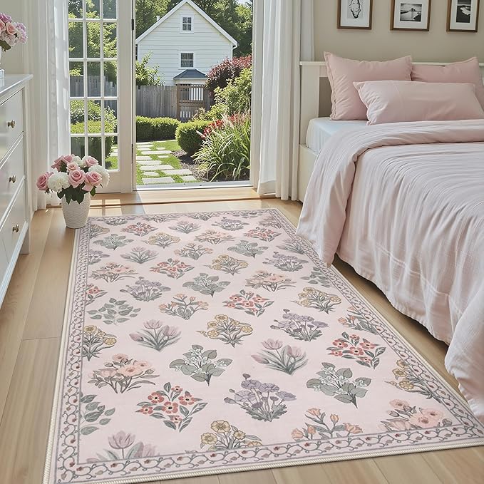 Wonnitar Floral 3x5 Washable Rug, Ultra-Thin Pink Small Rugs for Bedroom, Soft Ultra-Thin Non Slip Entryway Indoor Decor Carpet for Bedside Decor Office Girls Room Dorm, Pale Pink