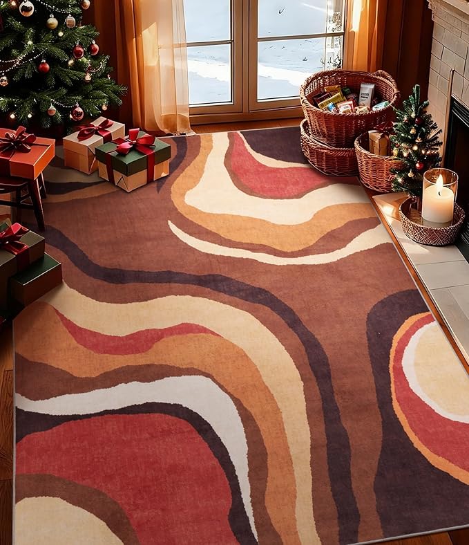 YIHOUSE Burnt Orange Rug 5x7 Washable,Farmhouse Brown Retro Carpets,Geometric Abstract Wavy Rug for Bedroom,Unique Colorful Rugs for Living Room,Dining Room,Alfombras para Salas