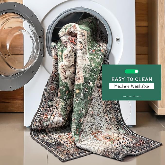 9x12 Area Rugs for Living Room Green Boho Washable Vintage Low Pile Non-Slip Large Carpet for Bedroom Dining Room