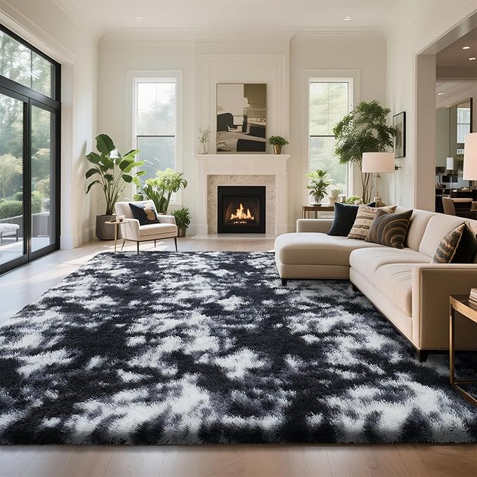 Fluffy Rug Shaggy Area Rug, Mottling Black 8x10 Area Rugs for Living Room, Large Shag Area Rugs for Bedroom Kids Room Home Decor, Upgrade Anti-Skid Rectangular Fuzzy Rugs