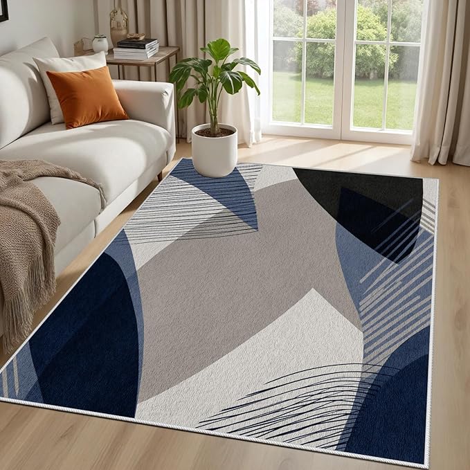 Abstract Art Line Living Room Area Rugs 5x8, Modern Boho Geometric Print Soft Rug, Minimalist Washable Non Slip Neutral Carpet for Bedroom, Dining Room Office Playroom, Navy Blue Gray