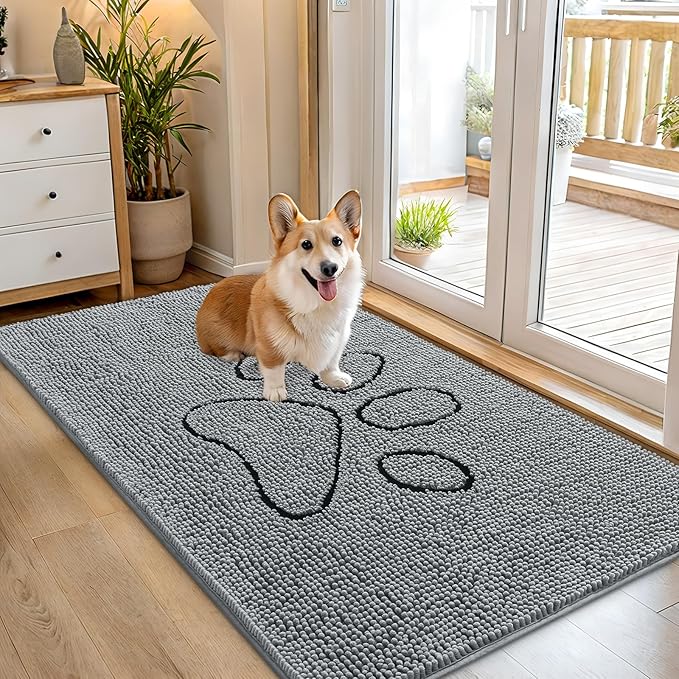 OLANLY Dog Door Mat for Muddy Paws 54x32, Paw Print Design, Absorbs Moisture and Dirt, Absorbent Non-Slip Washable Doormat, Quick Dry Chenille Mud Mat for Dogs, Entry Indoor Entryway Carpet, Grey