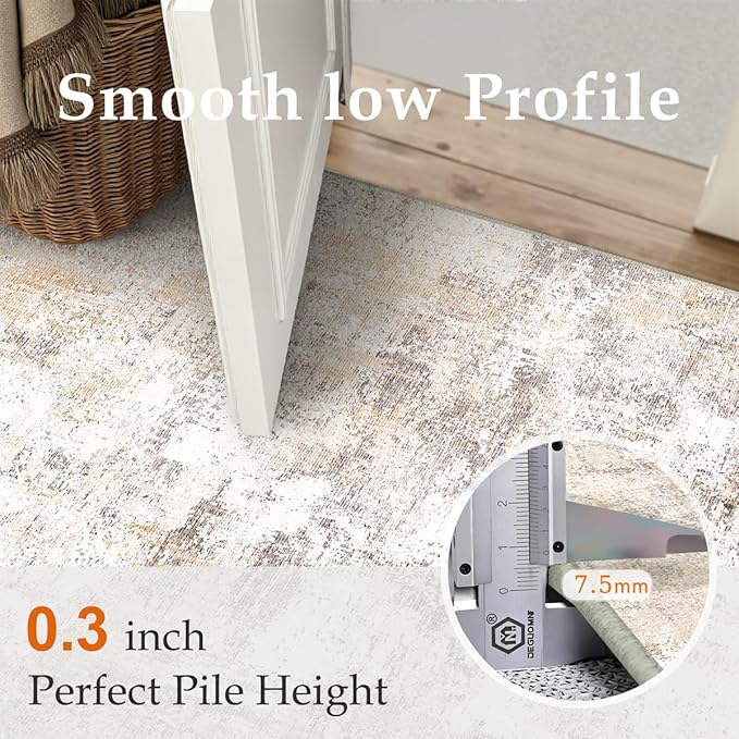 2x6 Washable Runner Rug Beige Grey Abstract Hallway Kitchen Throw Rug Neutral Modern Non Slip Soft Low Pile Carpet for Bathroom Laundry Bedroom Living Room