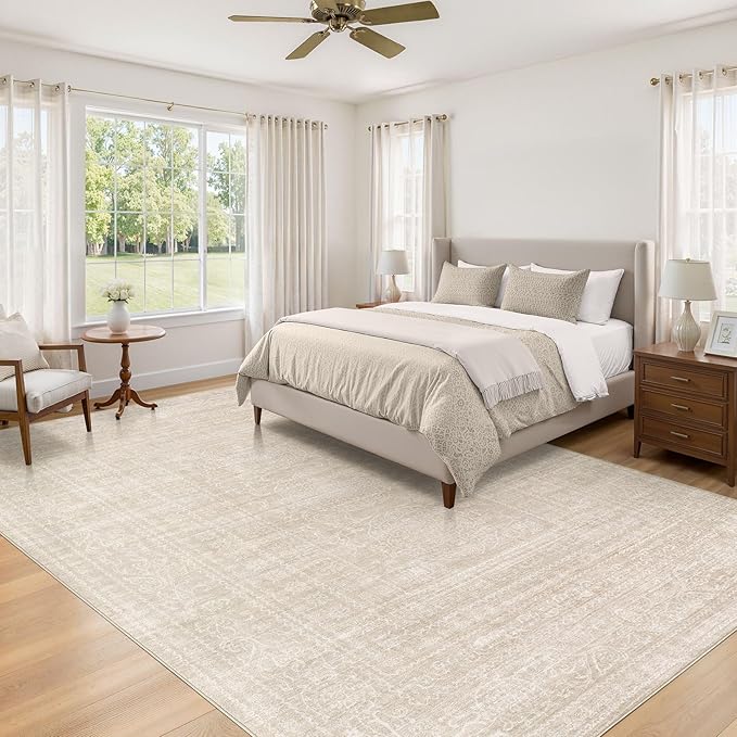 10x12 Area Rug Living Room: Washable Large Vintage Beige Rugs Neutral Non-Slip Soft Stain Resistant Indoor Carpet for Bedroom Nursery Dining Room Under Table Bed Home House Office Playroom