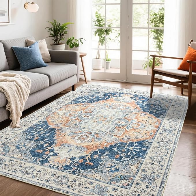 Area Rugs 4x6, Low Pile Washable Rugs, Soft Vintage Distressed Rugs for Bedroom, Living Room, Dining Room, Water Repellent, Non Shedding, Blue and Orange