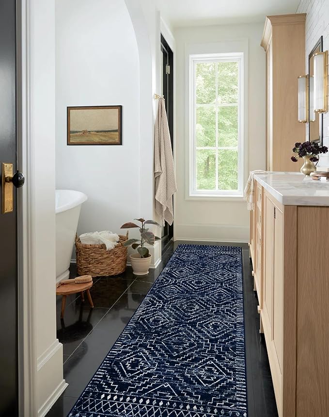 Wonnitar Moroccan Hallway Runner Rugs, 2'6"x10' Washable Non-Skid Blue Runner Rugs for Kitchen, Boho Non-Shedding Soft Long Runner Geometric Low Pile Carpet for Entryway Bathroom (Blue,2'6"x10')