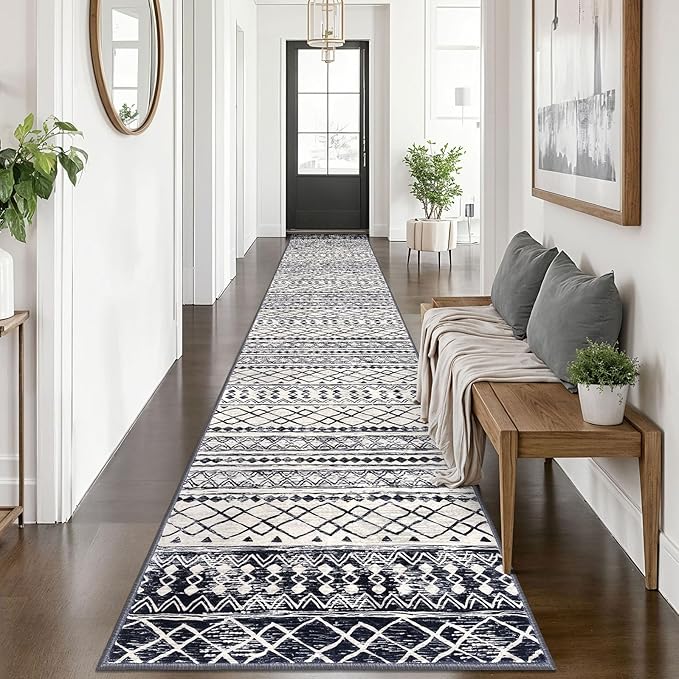 KUTA Boho Runner Rug for Hallway 2.6x14 Moroccan Washable Black Navy Blue Rugs Non-Slip Vintage Long Kitchen Runners Soft Geometric Floor Carpet for Bedroom Laundry Living Room