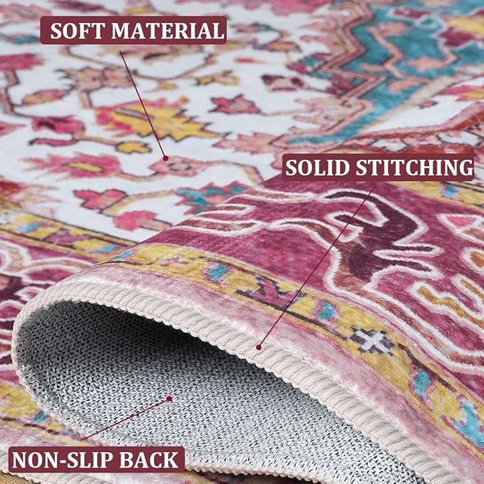 Large Area Rugs 8x10 for Living Room, Washable Vintage Rugs -Low Pile, Soft Plush Rugs for Bedroom, Kitchen, Dining Room, Stain Resistant, Non Shedding, Plum