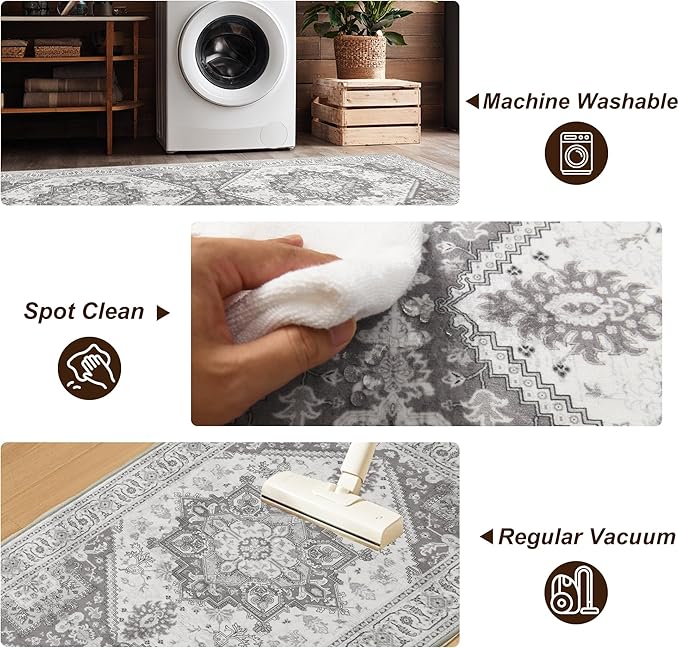 XWZO Runner Rug 2x10ft for Long Hallways, Washable Non-Slip Low Pile Area Rug with Rubber Backing, Spill Resistant Soft Vintage Floor Carpet for Kitchen Entryway Stair Landing Living Room, Grey