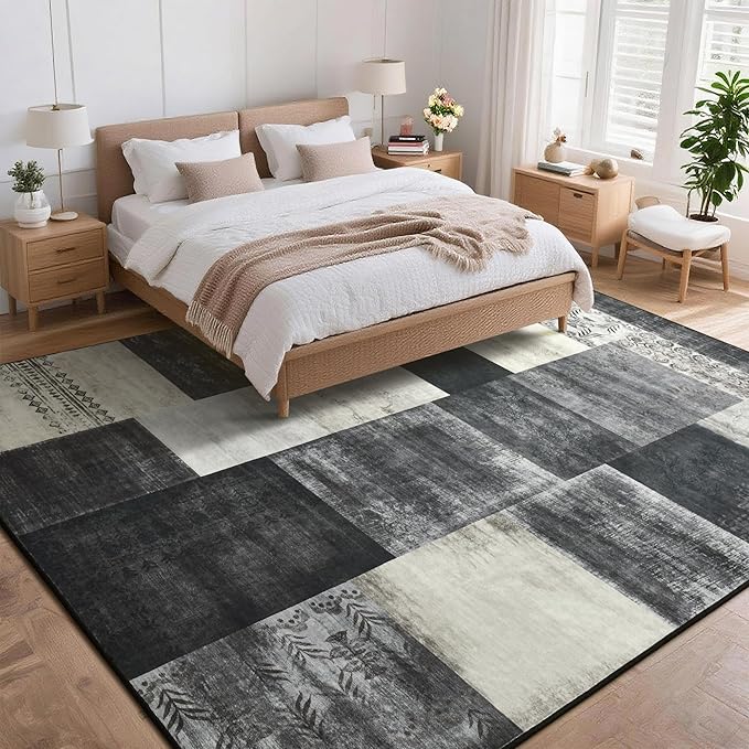 Tepook Modern Area Rug for Living Room, 5x7 Geometric Large Rugs for Bedroom, Washable Patchwork Rug Indoor Non-Slip Throw Carpets for Dining Room Office Farmhouse Home Decor, Black and White