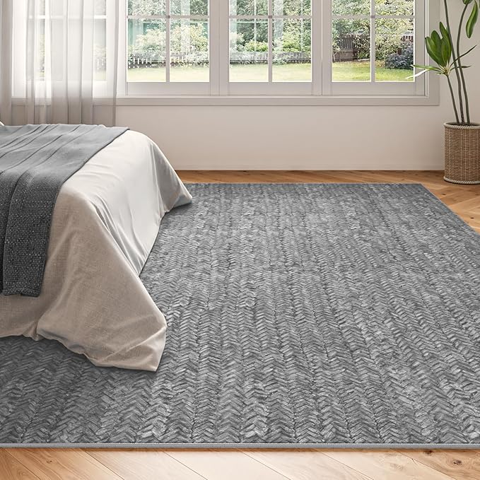 Eleisa Modern Vintage 9x12 Herringbone Chevron Area Rug, Non-Slip Stain Resistant Washable Rug, Light Grey Large Rug for Living Room, Farmhouse Carpet for Bedroom, Kitchen, Dining Room, Home Office