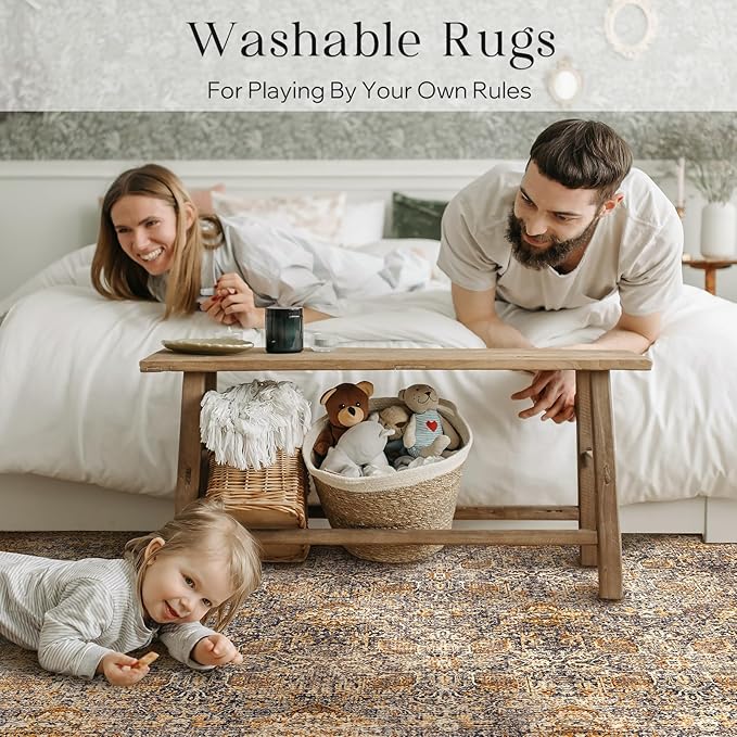 Phantoscope Washable Area Rug 8'x10' Non-Slip, Vintage Neutral Rugs for Living Room, Bedroom, Dining Room, Distressed Boho Floral Medallion Pattern, Low-Pile Foldable Carpet, Brown/Charcoal Spice