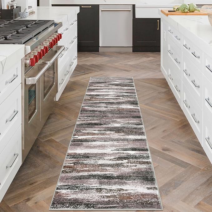 Modern Abstract Runner Rug 2x6, Dark Light Brown White Washable Kitchen Runner Non-Slip Soft Hallway Rug Runner Thin Print Faux Wool Carpet for Entryway Bedroom Laundry Room Indoor Home Decor