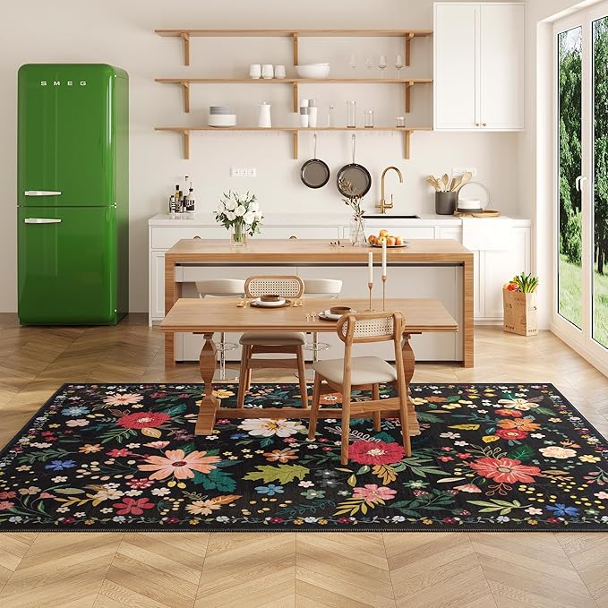 Living Room Rug 6x9 Rug Machine Washable Boho Area Rug Non Slip Floral Vintage Low Pile Large Rugs for Living Room, Bedroom, Farmhouse, Dining Room (Black)