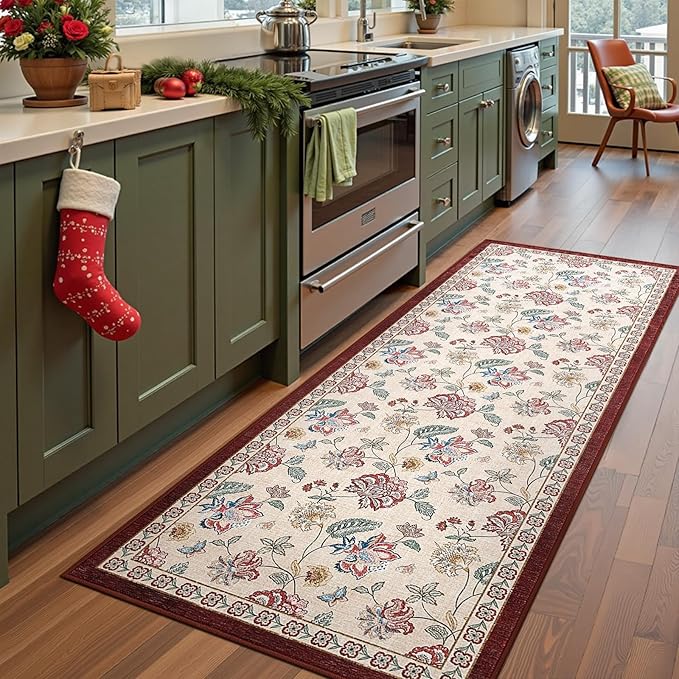 jinchan Elora 3x10 Floral Runner Rug for Hallway Washable Kitchen Runner Vintage Romance Design Non Slip Thin Indoor Floor Cover Low-Profile Throw Carpet for Entryway Bathroom Bedroom Porch, Red/Beige