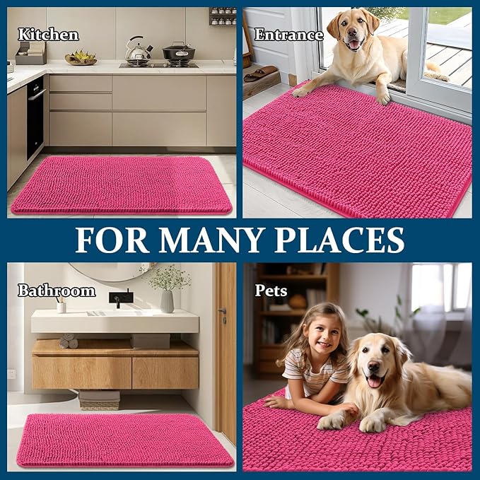 OLANLY Dog Door Mat for Muddy Paws 59x20, Absorbs Moisture and Dirt, Absorbent Non-Slip Washable Doormat, Quick Dry Chenille Mud Mat for Dogs, Entry Indoor Entryway Carpet for Inside Floor, Hot Pink