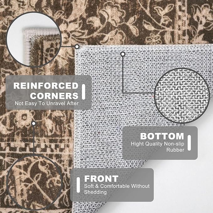 KILOCOCO Hallway Runner 2x5 Kitchen Runner Rug Printed Vintage Floral Washable Non-Slip Runners for Hallways Laundry Room Rugs Distressed Boho Rug Runners for Bedroom, Rust Brown Red