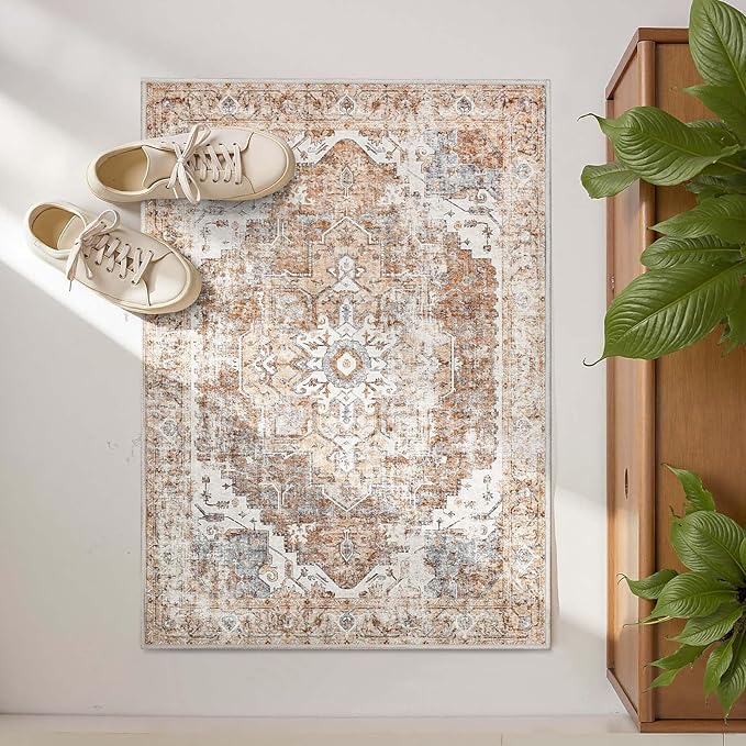 jinchan Area Rug 2x3 Entryway Rug Washable Doormat Vintage Retro Indoor Distressed Door Mat Accent Floor Cover Lightweight Non Slip Low Pile Carpet for Bathroom Kitchen Living Room Bedroom Brick Red