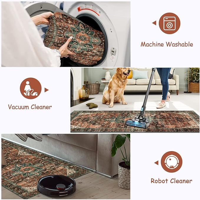 Moynesa Ultra-Thin Washable Round Rug - 6ft Large Dining Room Round Area Rug, Vintage Living Room Mat Stain Resistant Office Carpet for Bedroom Mudroom Kitchen Apartment Basement Foyer
