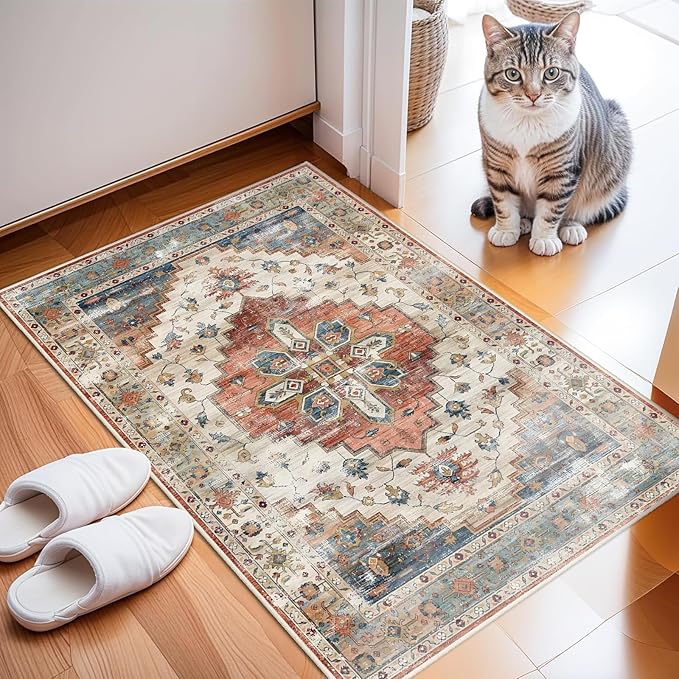Enkor Area Soft Rugs 2x3 Washable Non Slip Boho Small Floor Entryway Rugs for Hallway, Vintage Style Farmhouse Mat for Kitchen Beige & Red