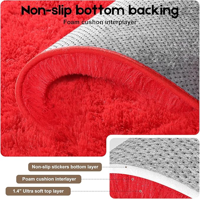 3x5 Red Rug for Bedroom Living Room, Fluffy Small Area Rug Soft Shag Carpet for Kids Boys and Girls Room with 4 Rugs Non-Slip Stickers Dorm Home Decor (3ft x 5ft)