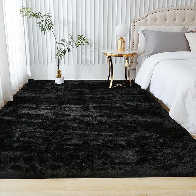 Andency Black Area Rugs 9x12 for Living Room Home Decor, Large Shaggy Bedroom Carpet, Non-Slip Big Shag Indoor Thick Soft Fluffy Furry Fur Area Rugs for Kids Dorm Nursery Aesthetic