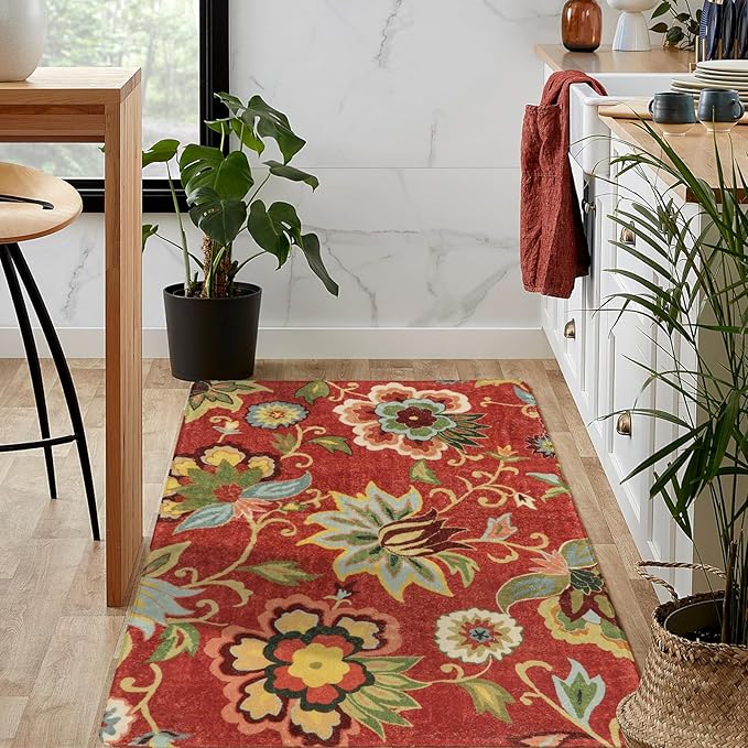 Lahome Floral 4x6 Red Area Rugs, Washable Throw Soft Rug for Bedroom Non-Slip, Paisley Print Fall Carpet for Christmas Living Room Dinning Room Entryway Kitchen Office (4'x6', Red)