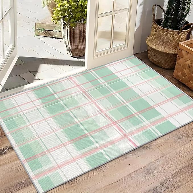Plaid Large Rug - 7x9 Area Rug - Mint Green Tartan Gingham Rugs for Living Room Non Slip Low Pile Machine Washable Dining Room Rugs, Plaid Carpet Home Decor & Gifts