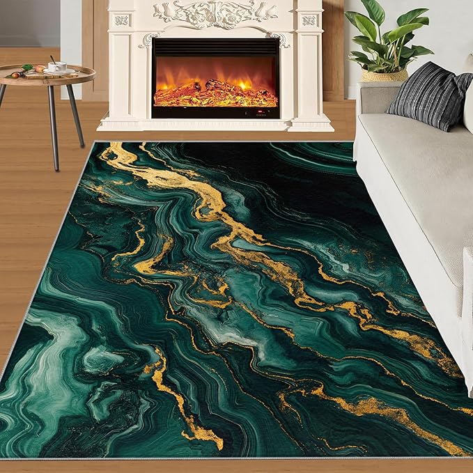 4x6 Abstract Marble Cafe Rug - Emerald-Green-Marble Rugs for Bedroom Aesthetic, Luxury Stone Pattern Soft Comfortable Non-Slip for Offie Bedroom Study Boy Girl Room Hotel Dorm