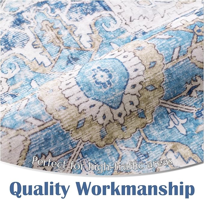 jinchan Kelda Area Rug 8x10 Washable Living Room Rug Vintage Soft Indoor Large Floor Cover Retro Distressed Mat Accent Lightweight Non-Slip Thin Carpet for Kitchen Bathroom Bedroom Blue